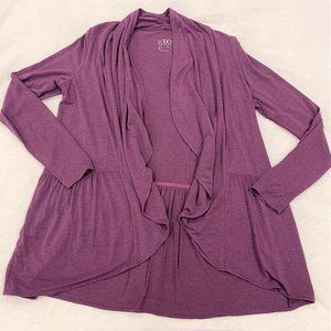 LOGO Lori Goldstein Soft Knit Waterfall Open Purple Peplum Pockets Cardigan Sz M
